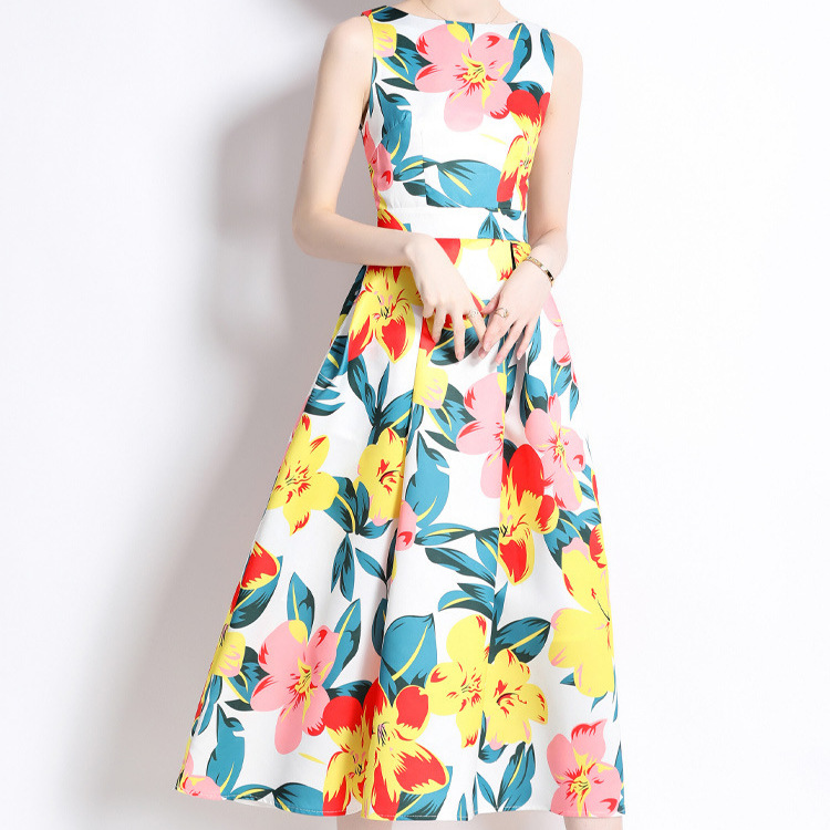 Summer Dress for Women – Sleeveless Round Neck, Slim Waist, Placement Print, and Flowing Swing Skirt