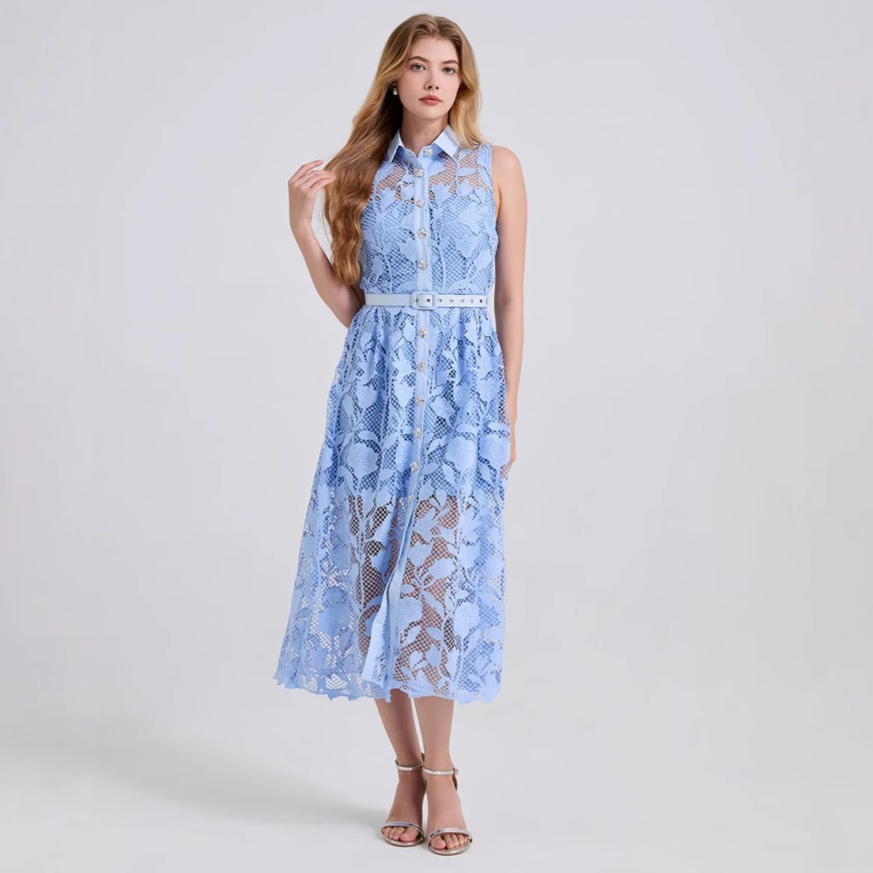 Women's Blue Lace Embroidered Hollow Long Dress – Sleeveless Lapel Design with Waist Tie, Elegant and On-Trend