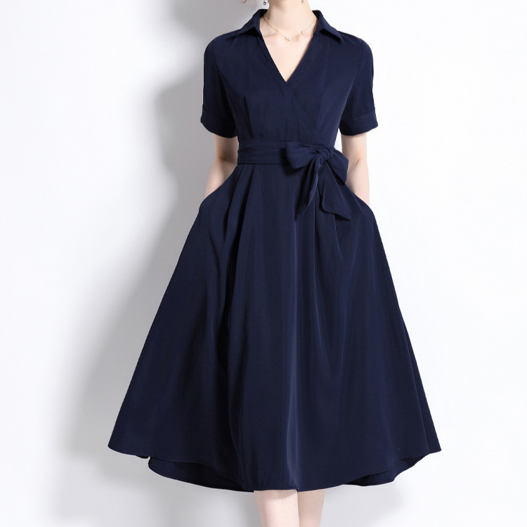 Women's  Light Mature Style Mid-Length Dress – Senior Lapel, Short Sleeves, Waist Tie, Solid Color, Slim Fit