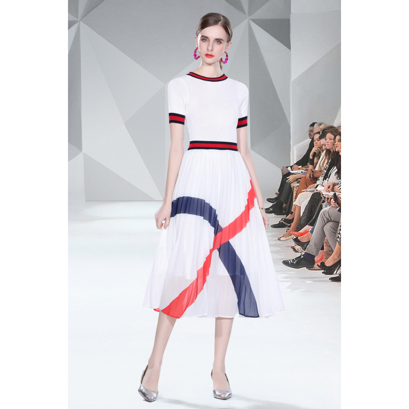 Women's New Arrival Color-Block Swing Dress – Knitted Splice with Geometric Chiffon Print