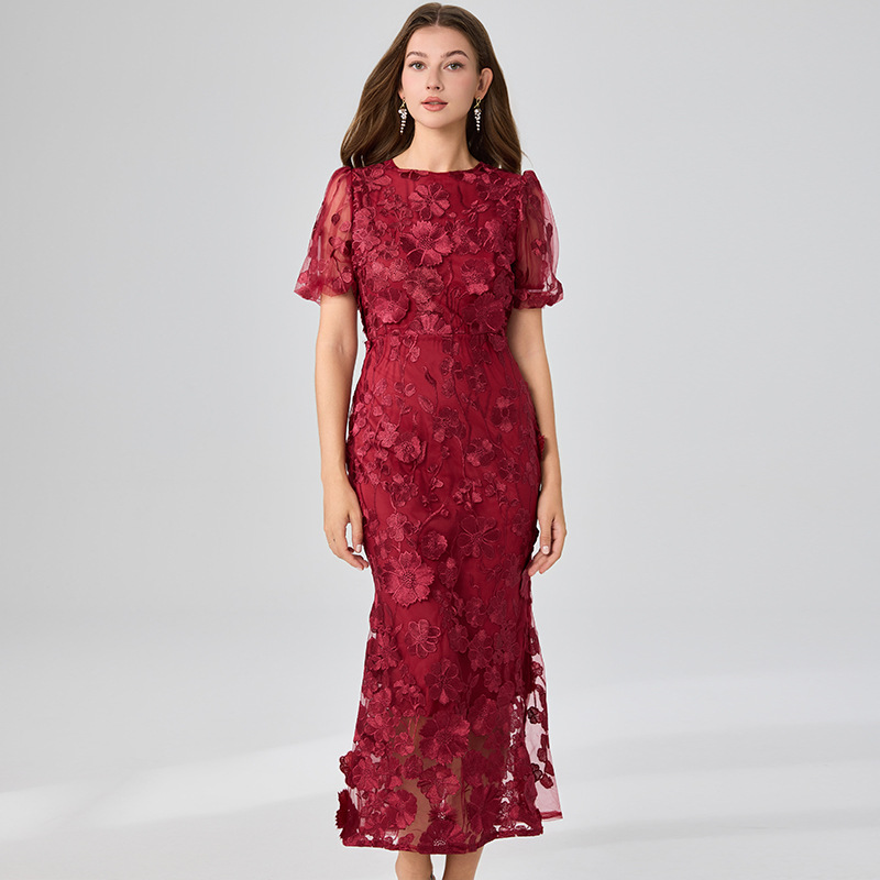 Women's Heavy-Duty 3D Floral Embroidered Mesh Dress – Round Neck, Puff Sleeves, Slim Fit Dress