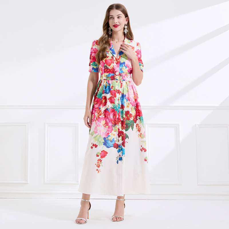 Women's Original Design Holiday Set – Linen Print Suit Collar Top with Short Sleeves & Ruffled Skirt